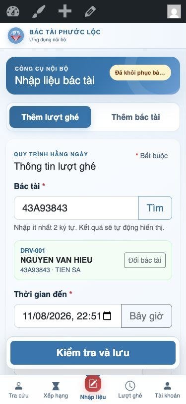 Màn hình Thêm lượt ghé với bác tài Nguyễn Văn Hiếu đã được tìm và chọn.