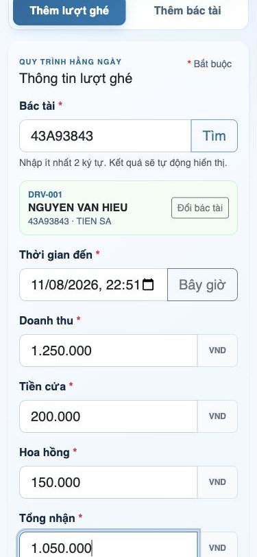 Màn hình nhập doanh thu, tiền cửa, hoa hồng và tổng nhận của lượt ghé.
