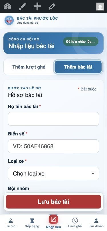 Màn hình hồ sơ bác tài với nút Lưu bác tài cố định ở cuối màn hình.